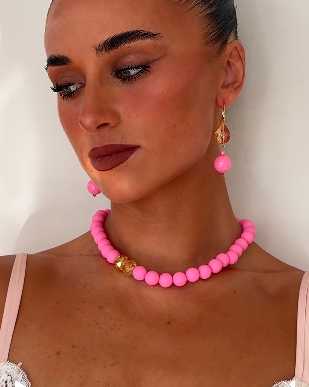 Cotton candy pink bead + crystal multi wear necklace