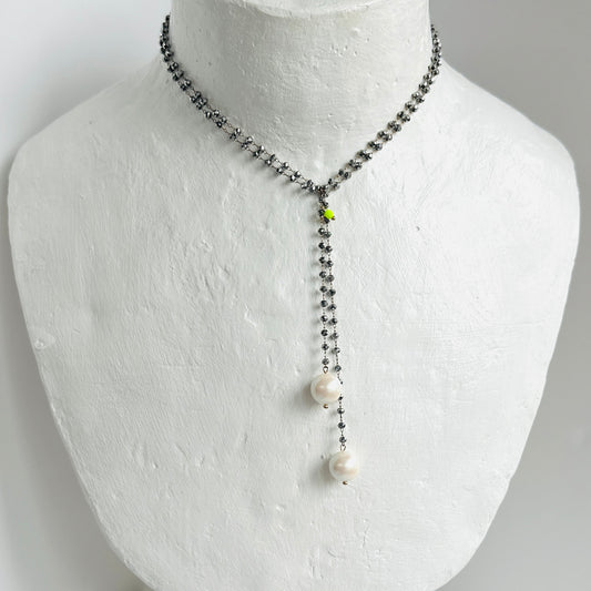 Lia hematite + Austrian crystal pearl long drop multi wear necklace