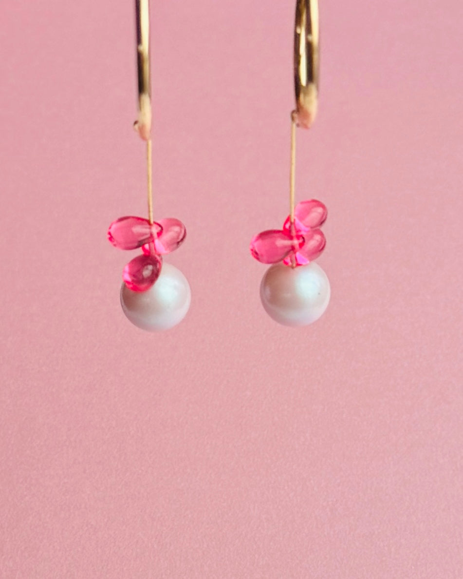 Ballerina girl pink pearl drop hoop earrings