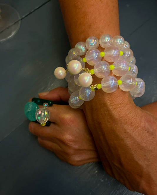 Pop icicle white + neon yellow beaded bracelet, white pearl charm