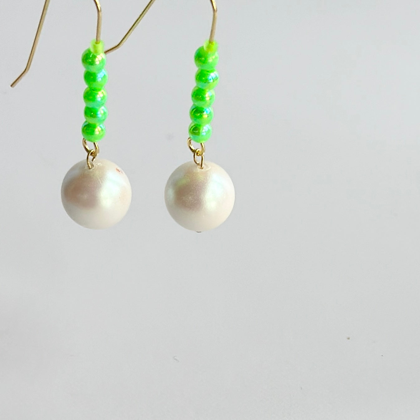 Pearl + neon green drop earrings