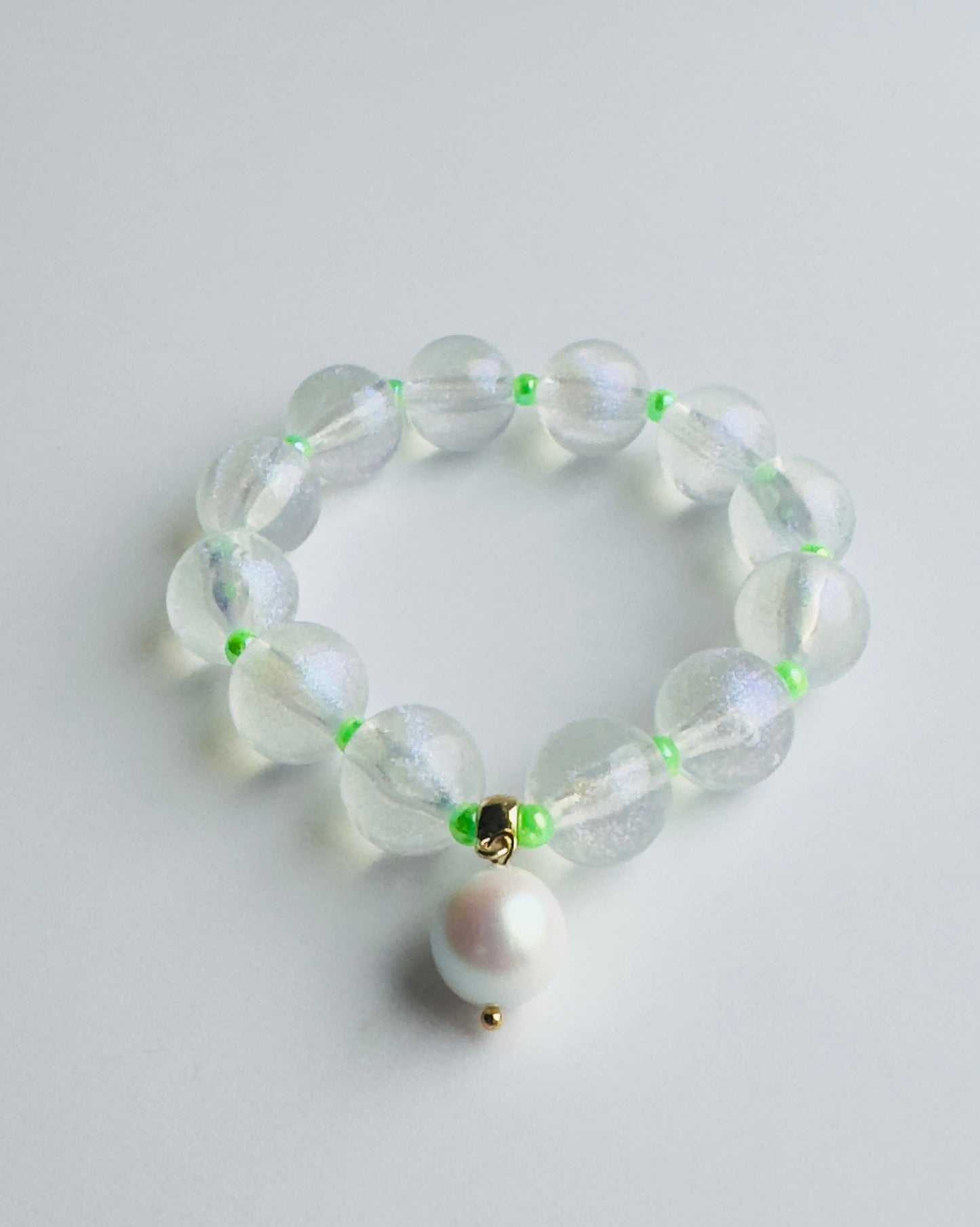 Pop icicle white + neon green beaded bracelet, white pearl charm