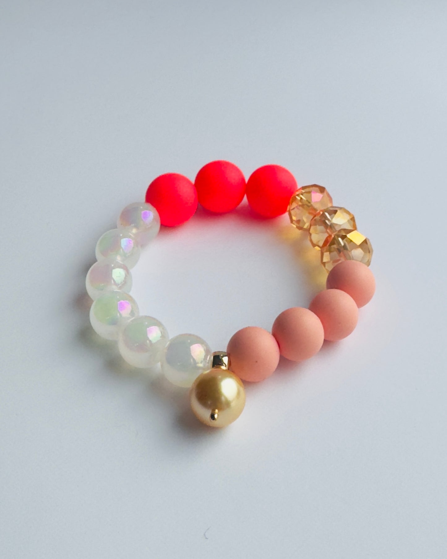 Pink electric peach frost bracelet, Austrian pearl charm