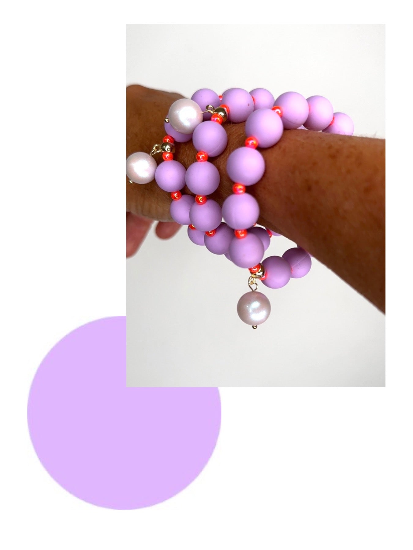 Beau lilac + neon orange beaded bracelet, Austrian crystal drop charm