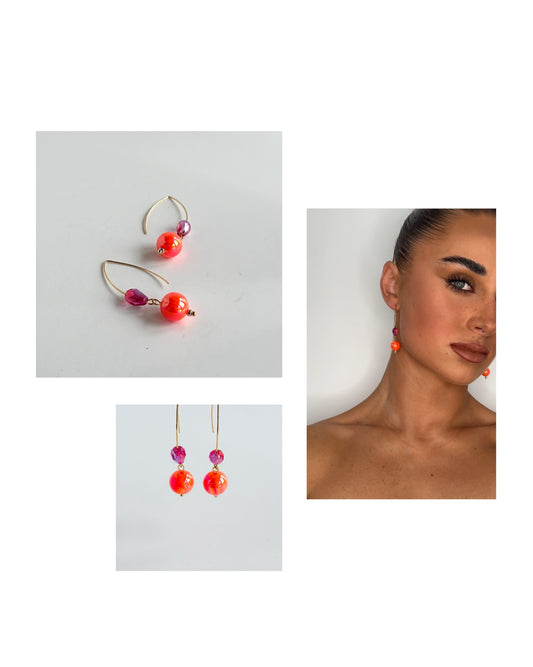 Bobbi drop earrings in iridescent orange + bubblegum pink crystals