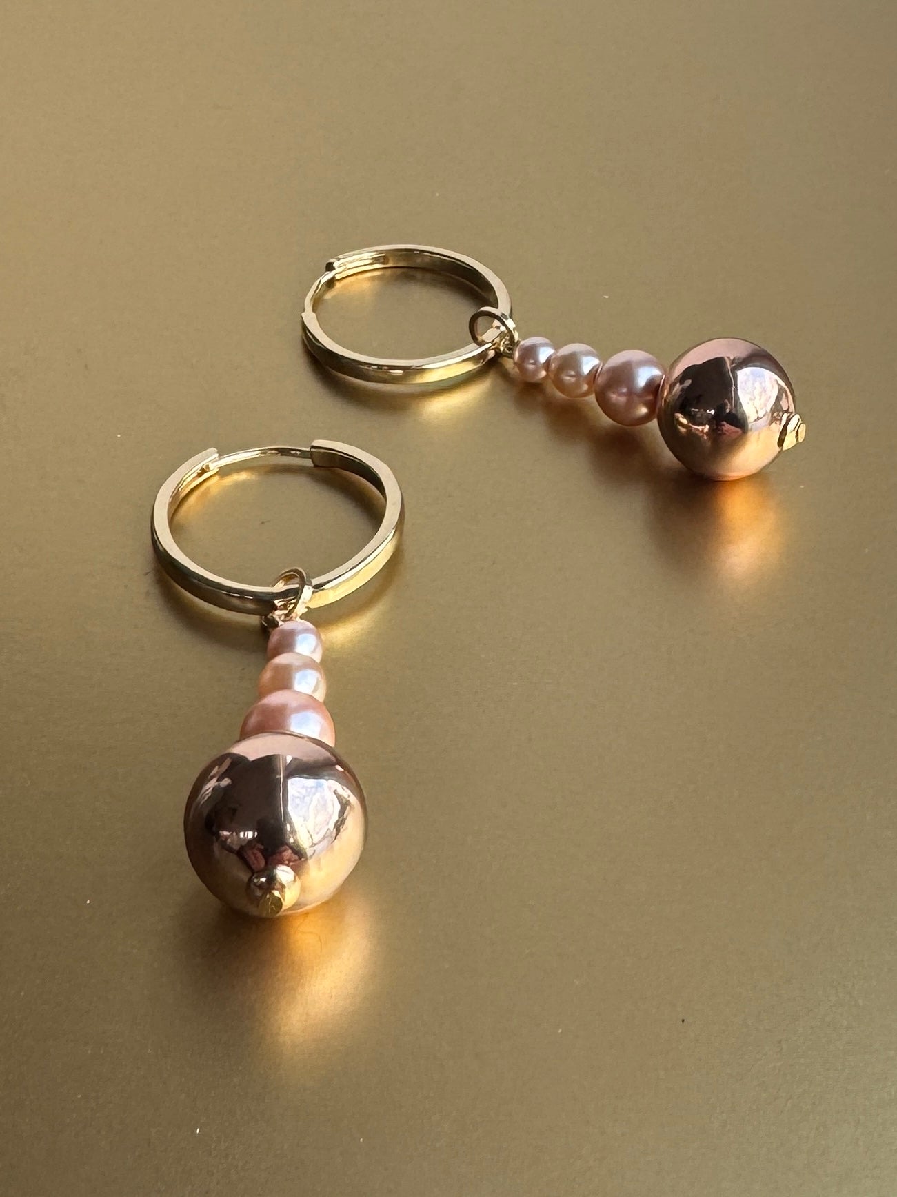 Hilda gold, soft pink pearl + gold drop hoop earrings