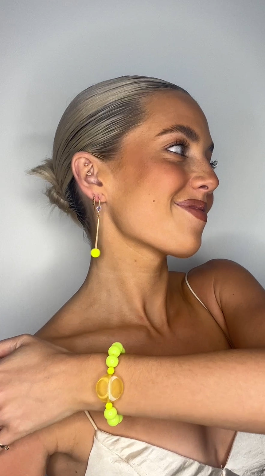 Mirabella neon yellow Austrian pearl + crystal drop earrings