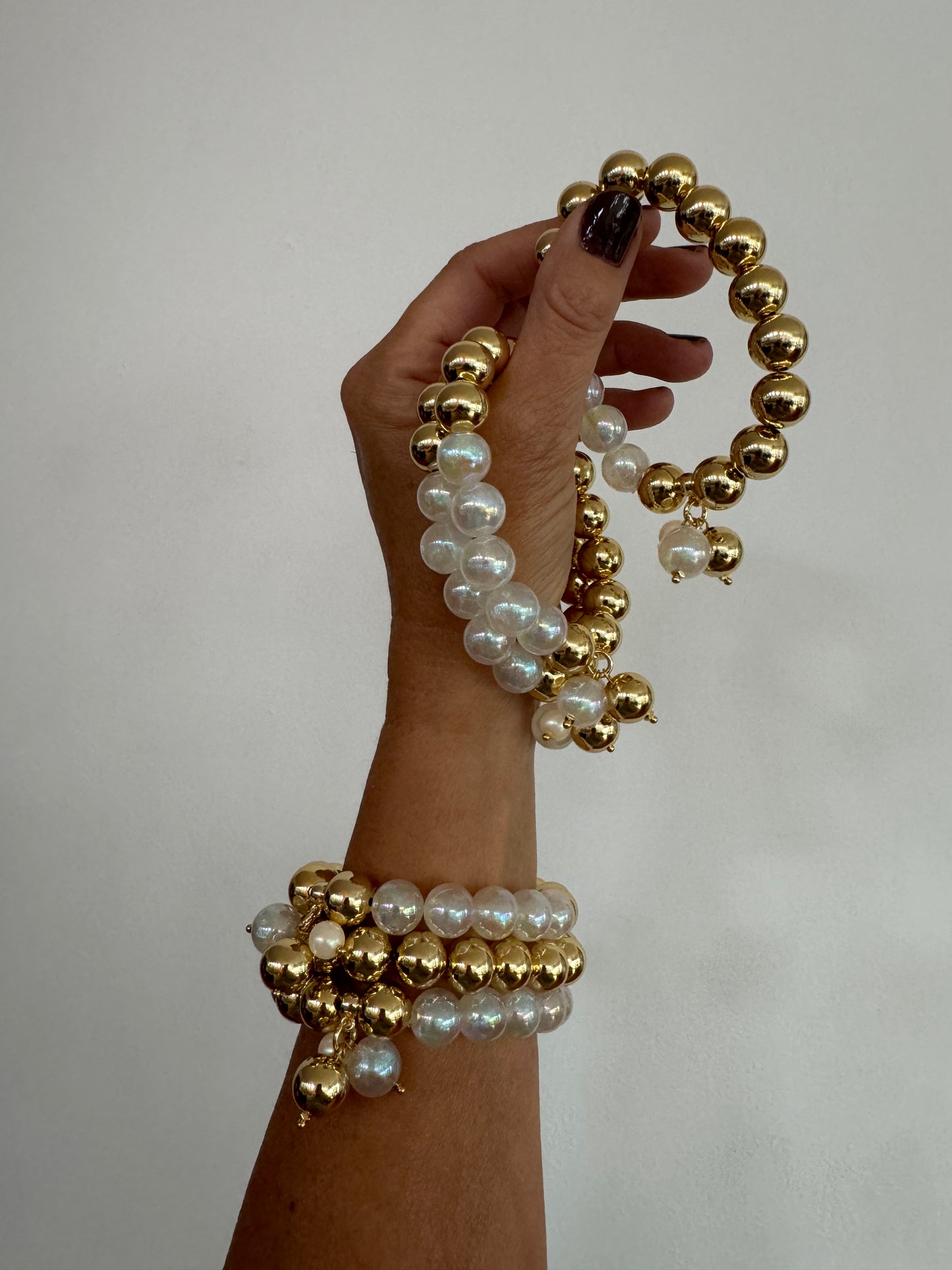 Bambi gold + Moondust white beaded multi charm bracelet