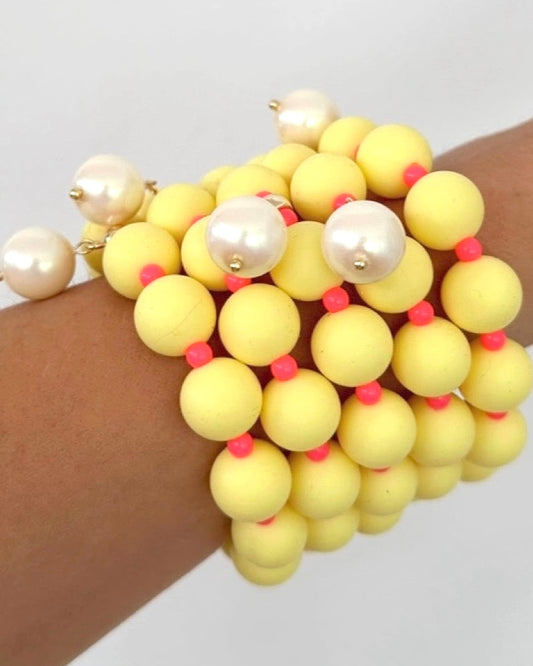 Beau lemon + neon pink bracelet, Austrian crystal pearl charm