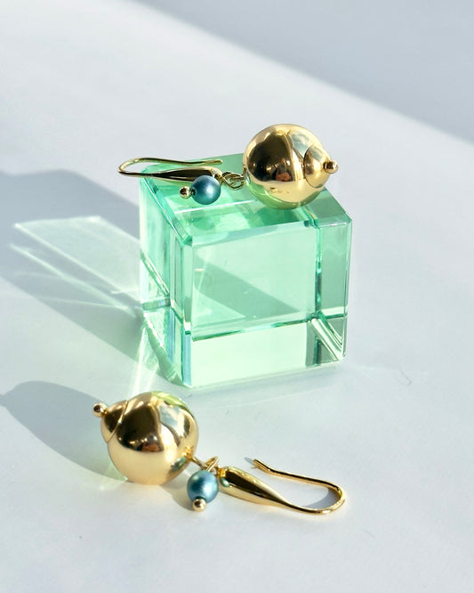 Roxie belle gold drop earrings, petrol blue pearl charm