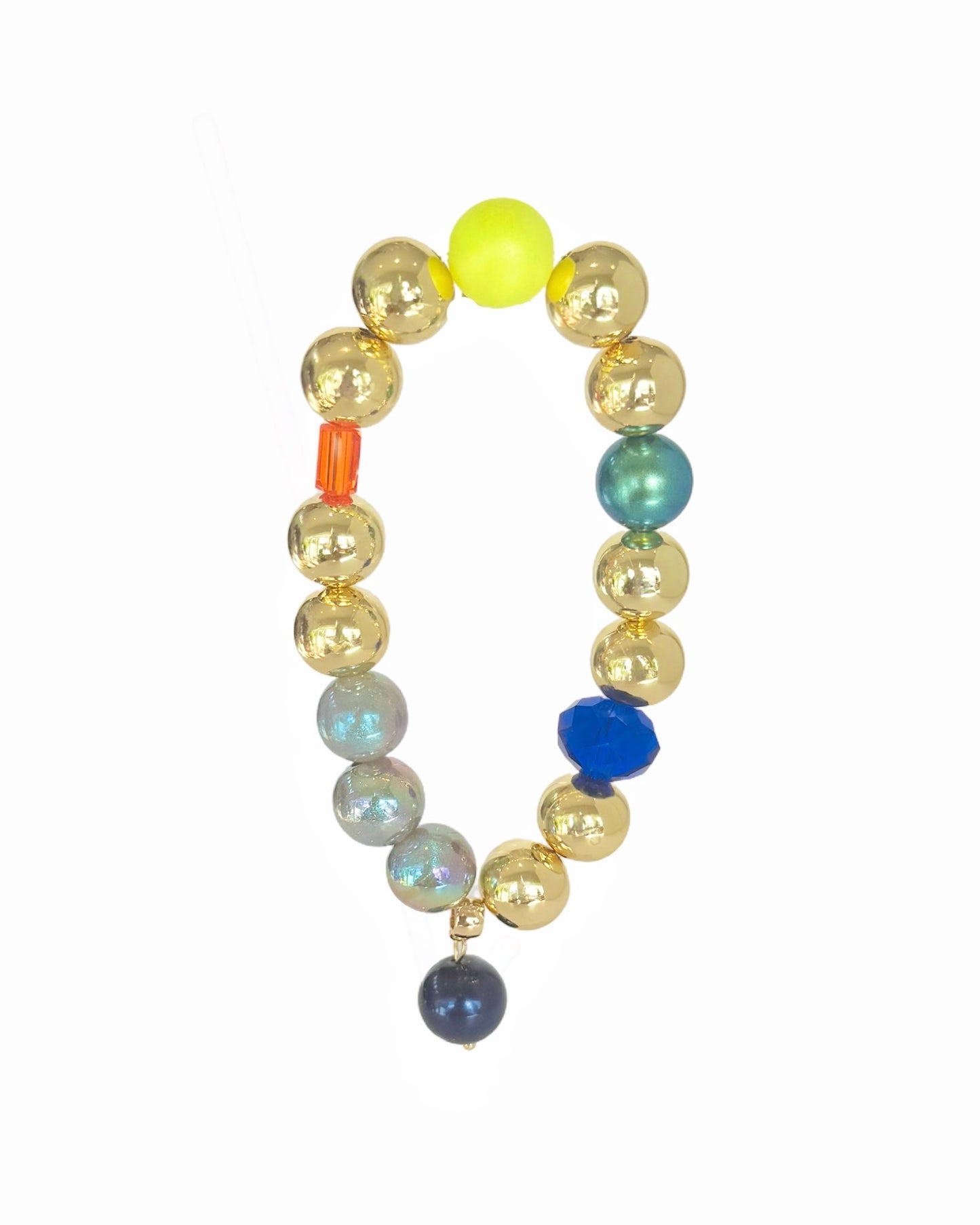 Juicy Lucy soft neon yellow, orange, blue, gold crystal bracelet, drop crystal pearl charm