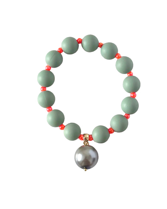 Beau green grey, orange + pearl charm bracelet