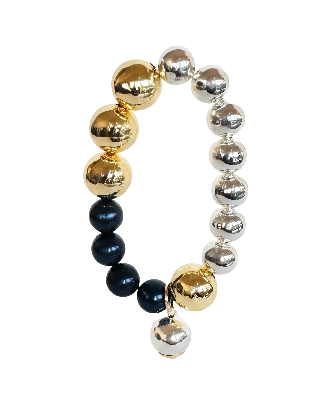 Snow drop gold, silver + navy crystal pearls bracelet, drop silver charm