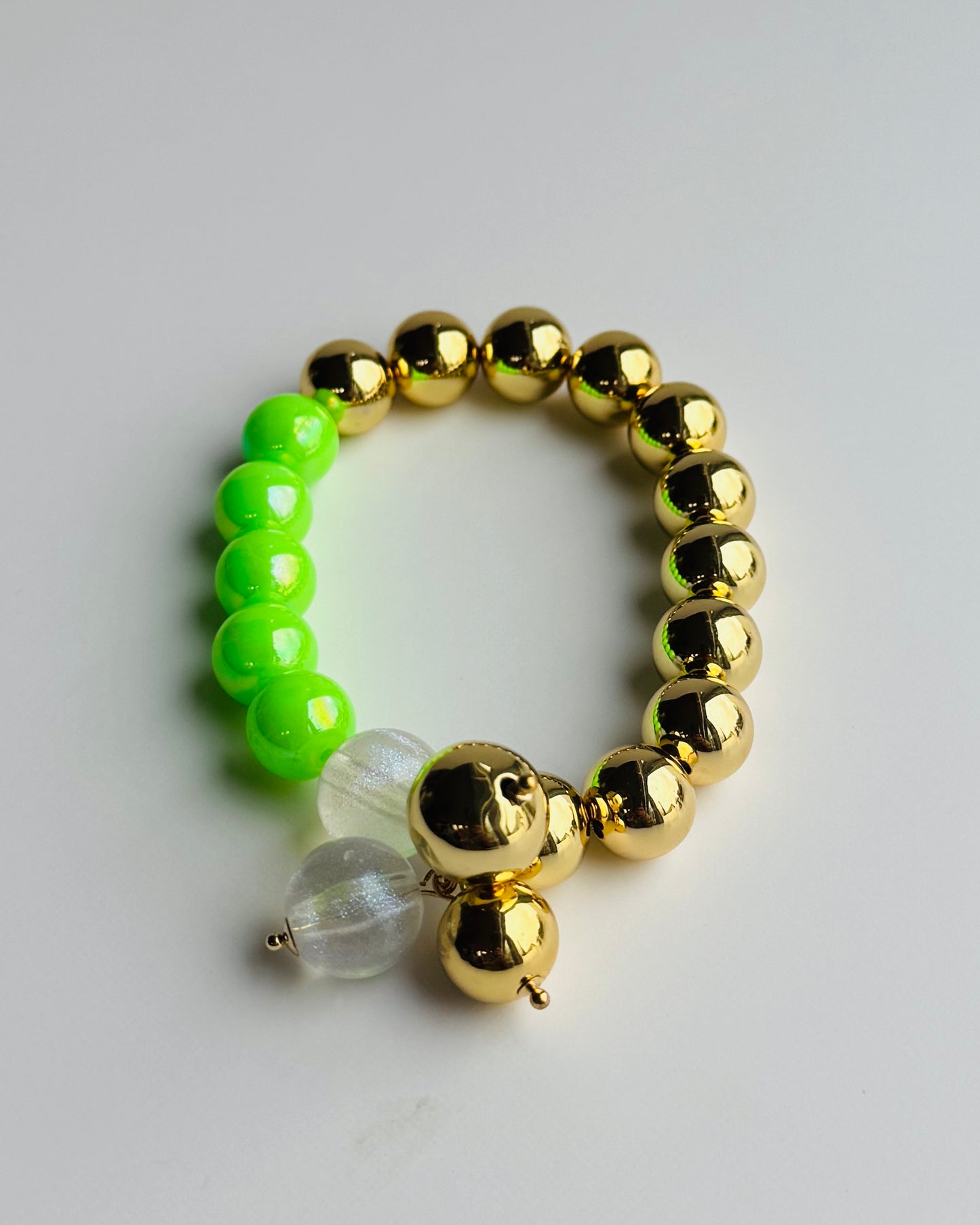 Bambi neon green + gold bearded bracelet, drop charms