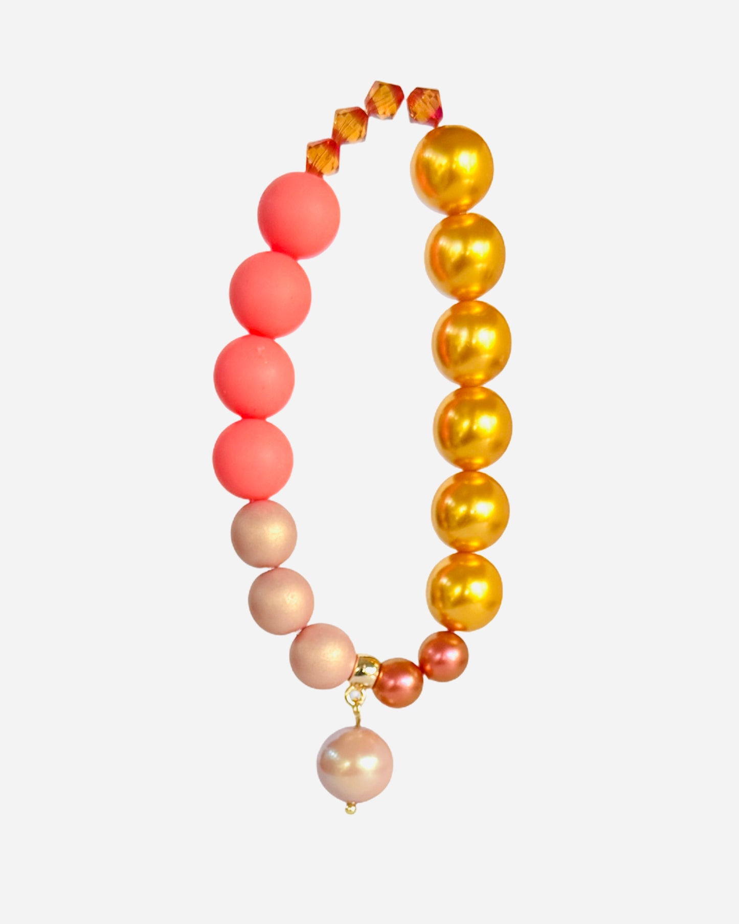 Golden crunch, peachy squeezy crystal, crystal pearl beaded bracelet, crystal pearl charm
