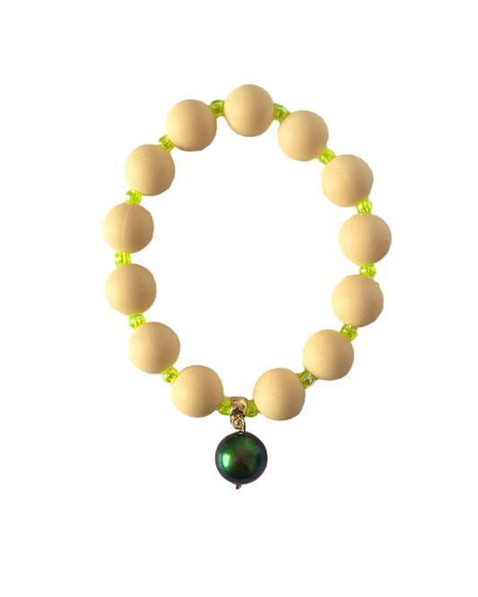 Beau vanilla + lime beaded bracelet, Austrian crystal drop charm