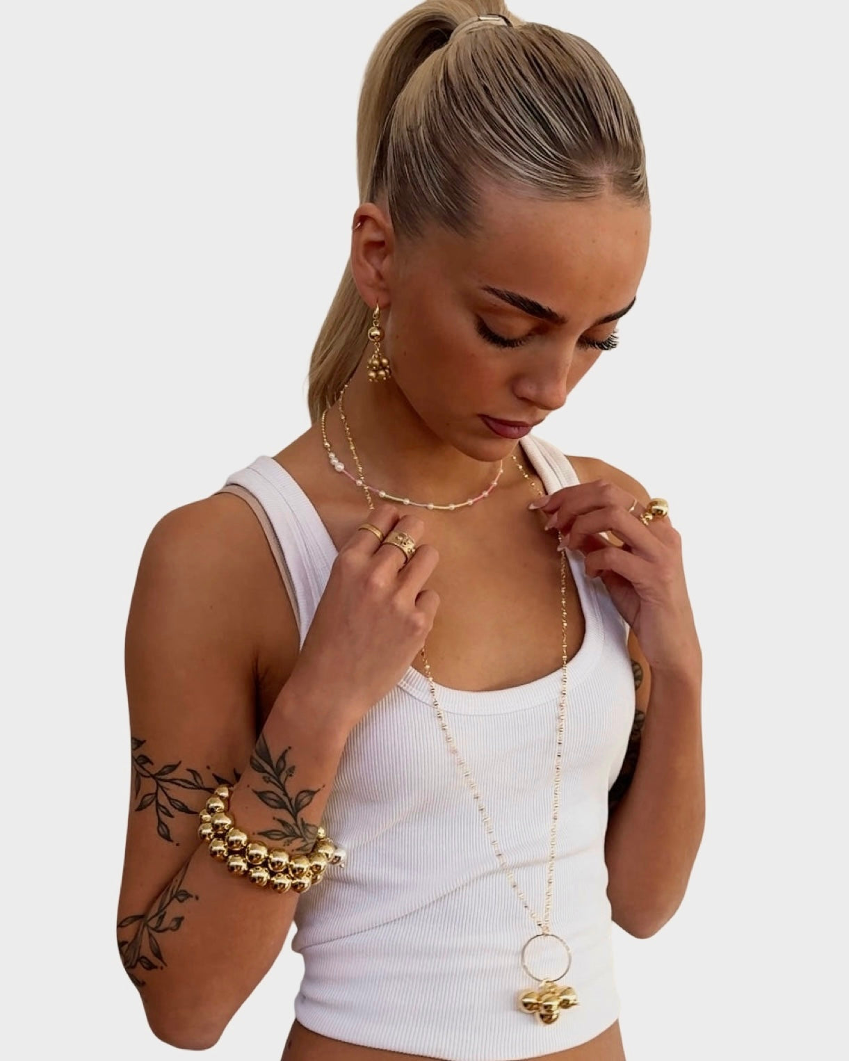 Gayle long drop gold beaded pendant necklace