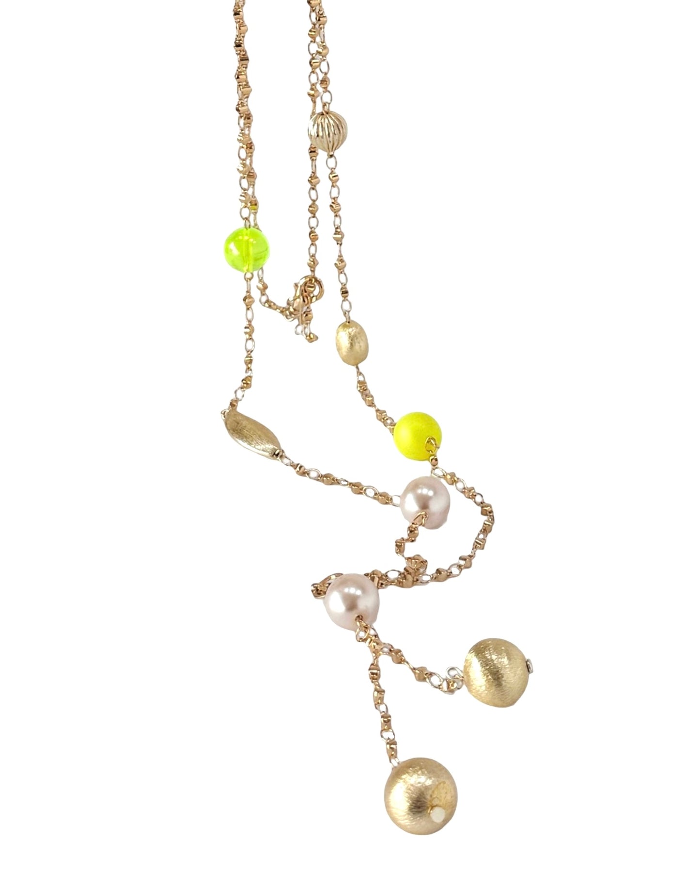 Queenie gold, soft pink + soft neon yellow long drop necklace