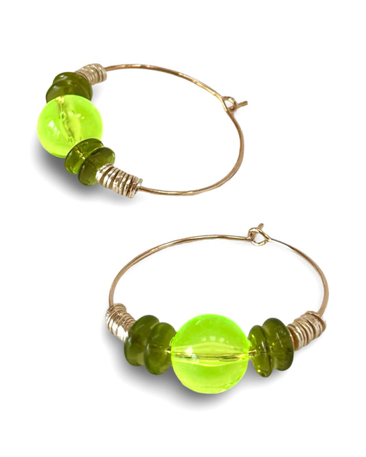 Fern soft neon lime crystal, gold hoop earrings