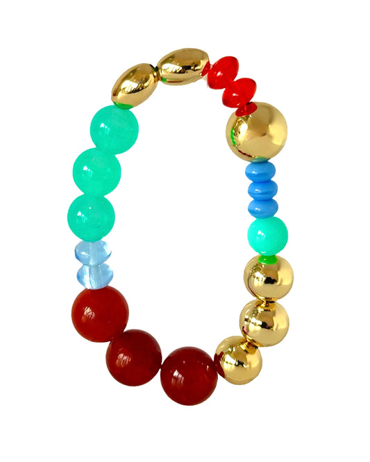 Kelly kiss aqua, tango, red carnelian, crystal, gold + vintage beaded bracelet