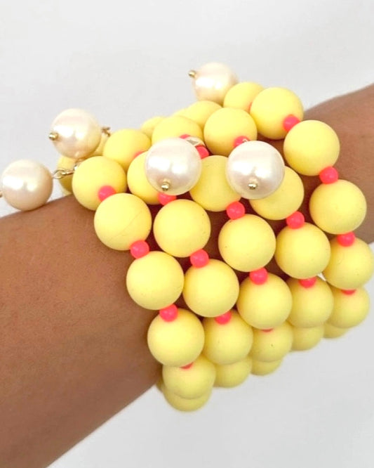 Beau lemon + neon pink bracelet, Austrian crystal pearl charm