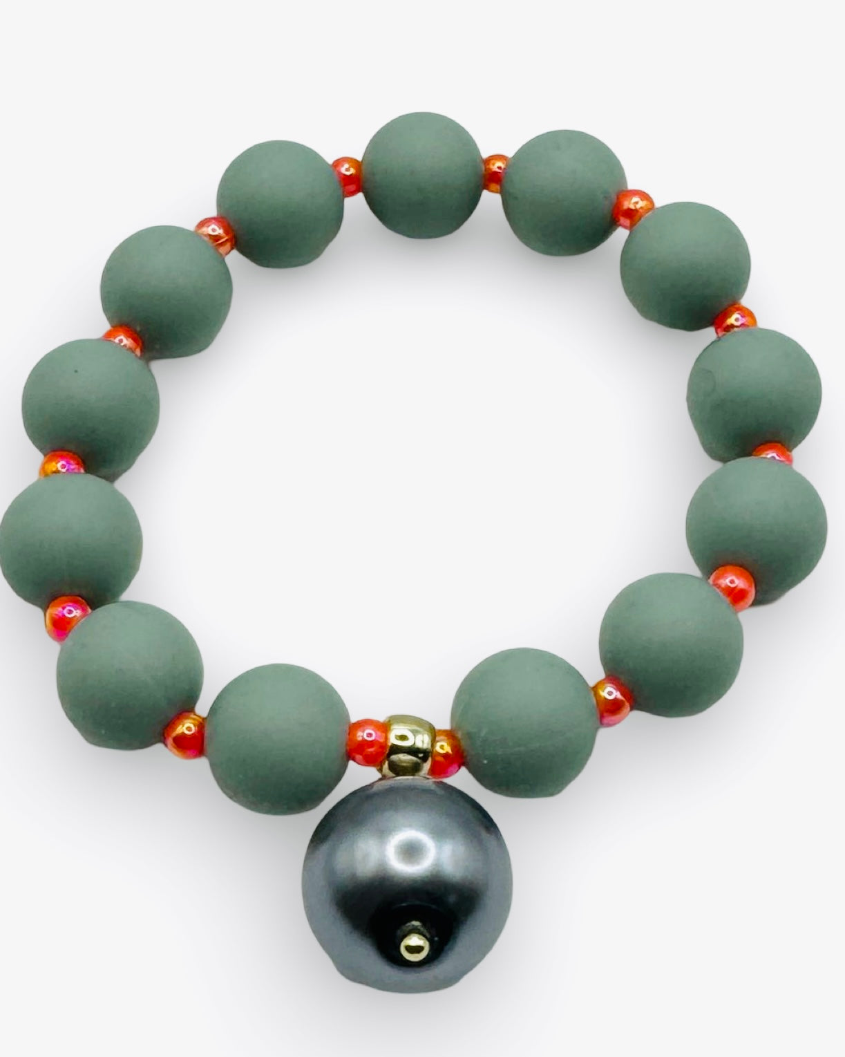 Beau green grey, orange + pearl charm bracelet