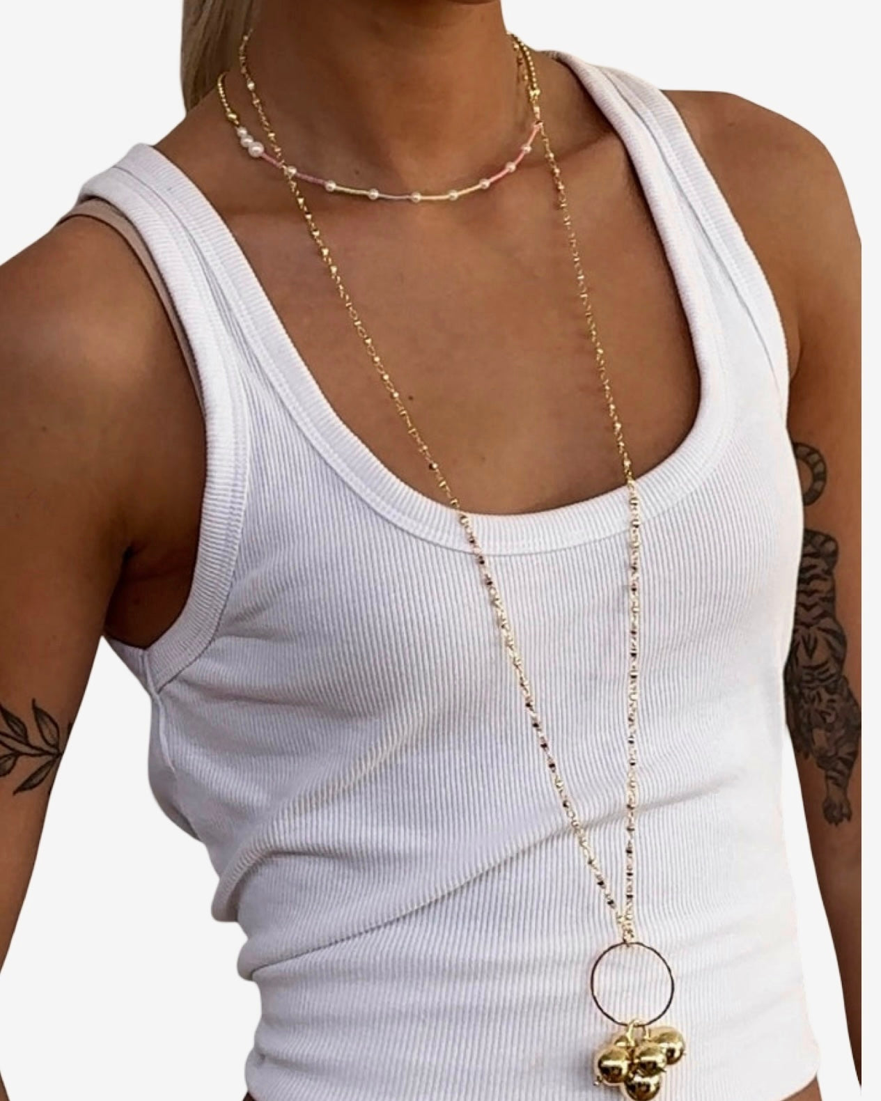Gayle long drop gold beaded pendant necklace