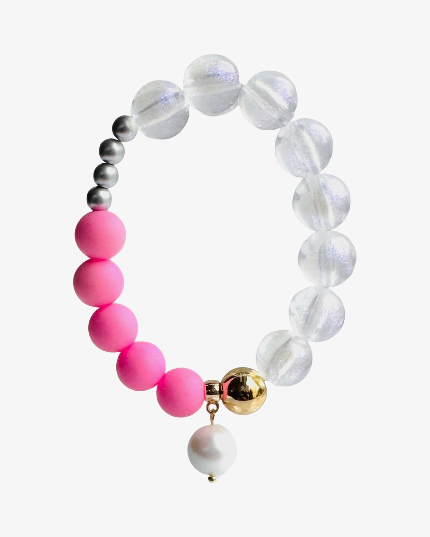 Sweetie pie, pretty in pink iridescent silver pearl, crystal pearl drop charm bracelet