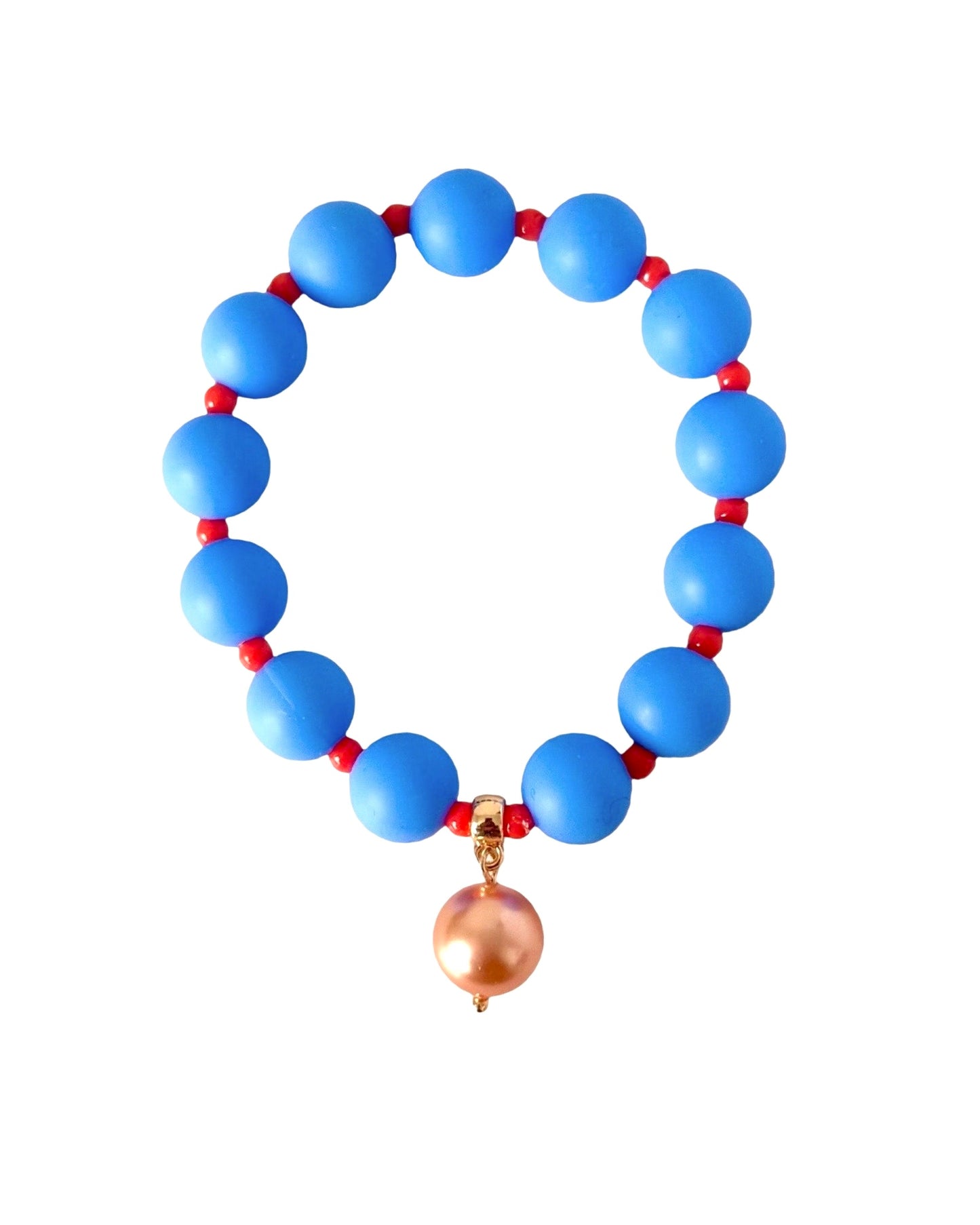 Beau bracelet in bright blue + orange, soft pink pearl charm