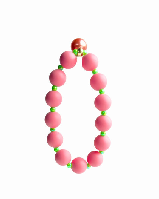 Beau bracelet in pink + neon green, coral pink pearl charm
