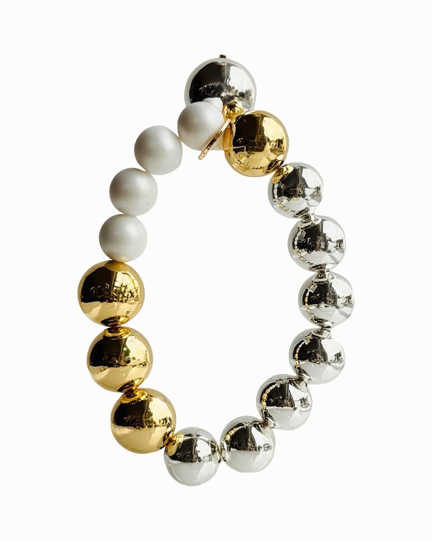 Snow drop gold, silver + white crystal pearls bracelet, drop silver charm