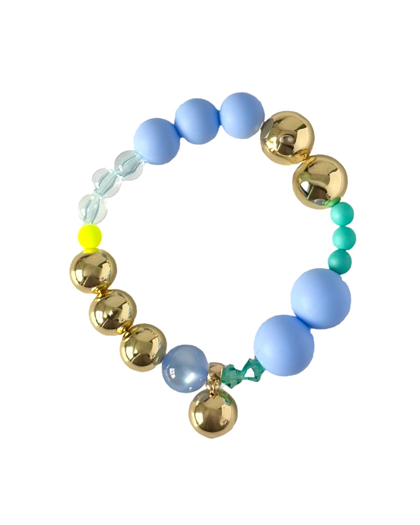 Kitty kiss blue crystal, gold, vintage + silicone beaded bracelet, drop gold charm