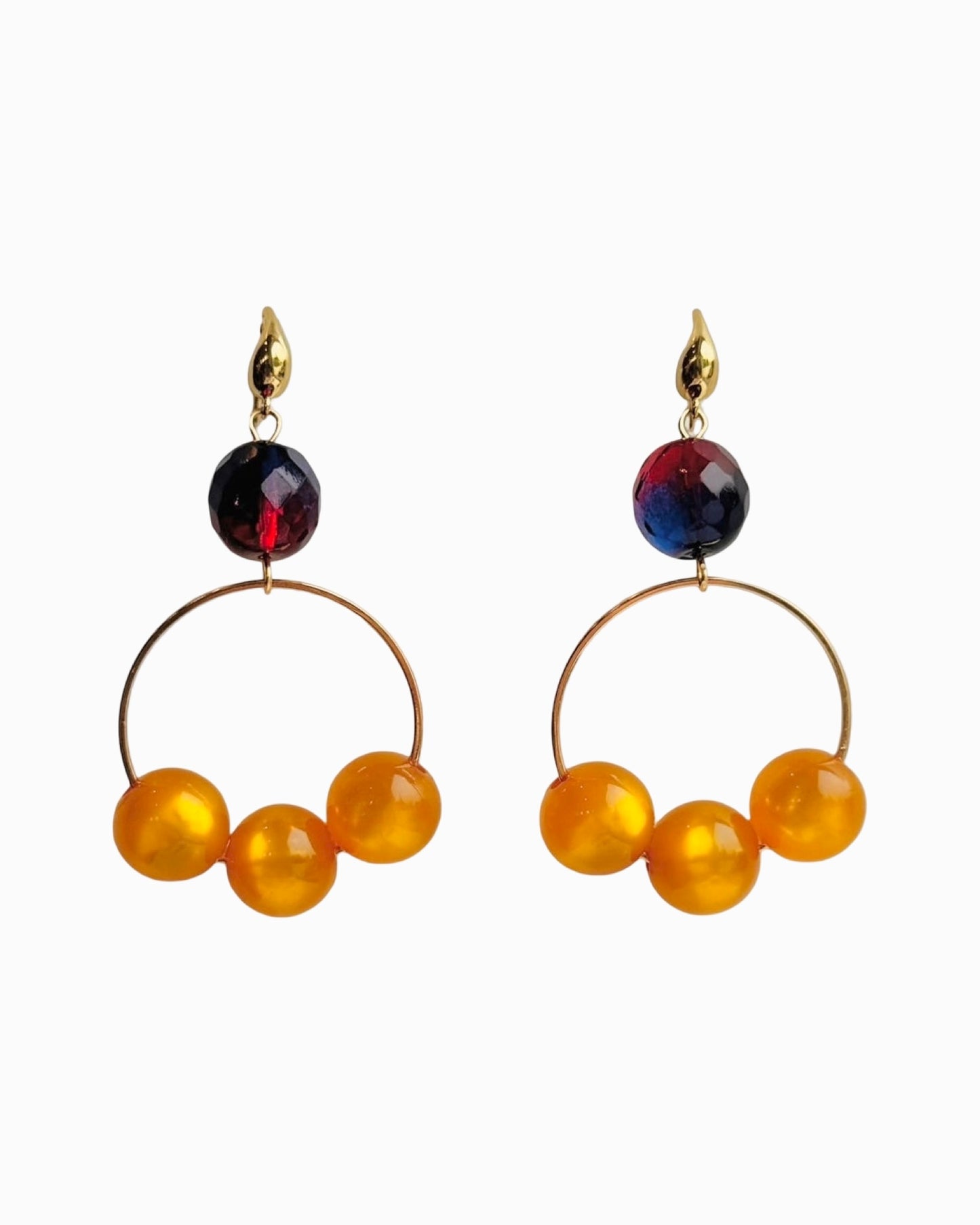 Cherie Burgundy blue + amber drop hoop earrings
