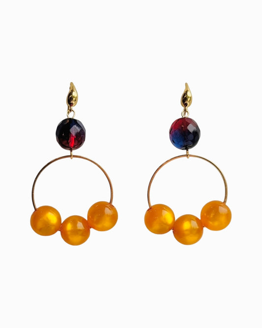 Cherie Burgundy blue + amber drop hoop earrings