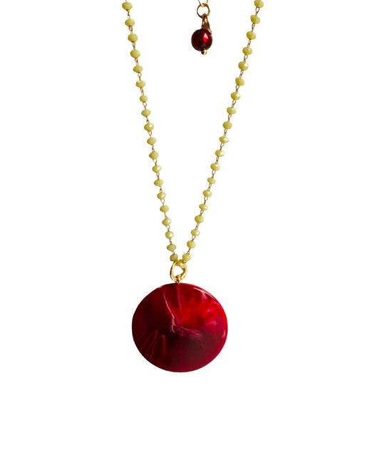 Symi beaded necklace, deep burgundy disc pendant