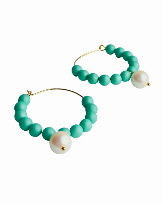 Candy Land turquoise Crystal pearl hoop earrings