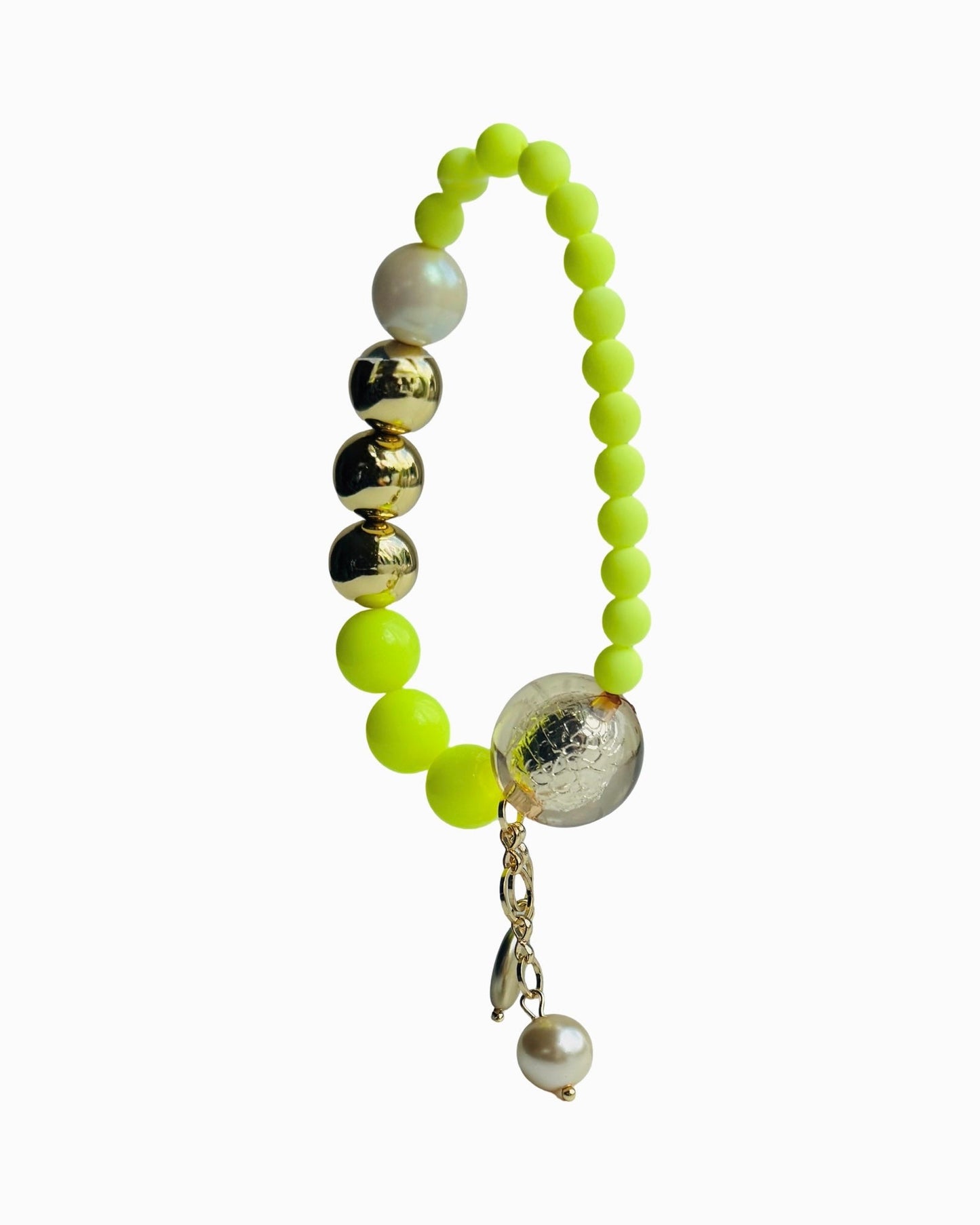 Neona lemon twist, crystal, gold, pearl bracelet, drop charms