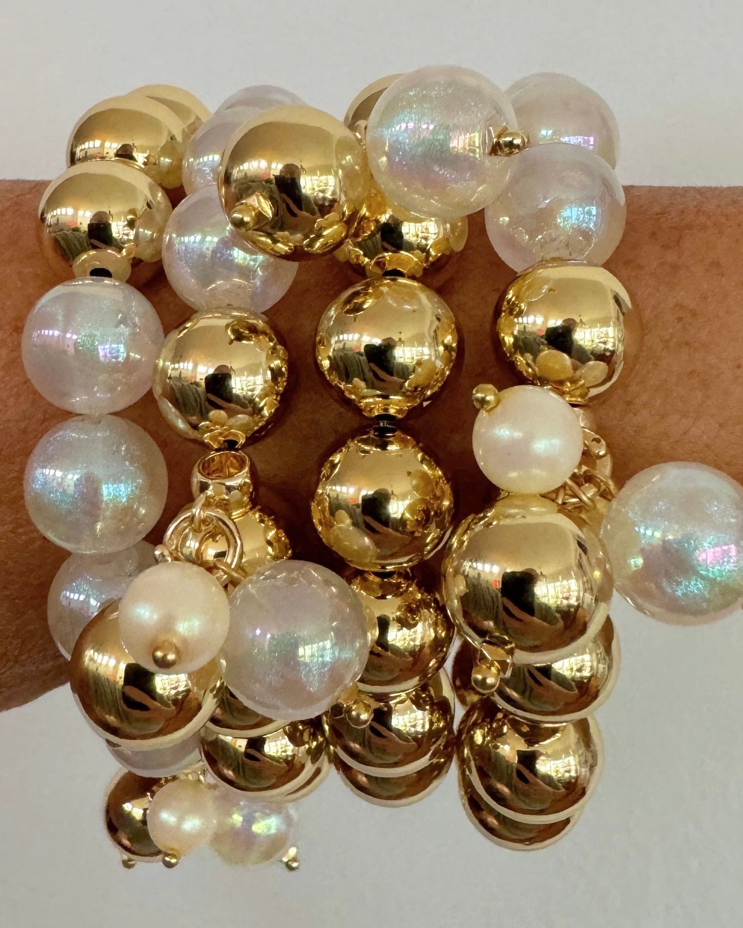 Bambi gold + Moondust white beaded multi charm bracelet