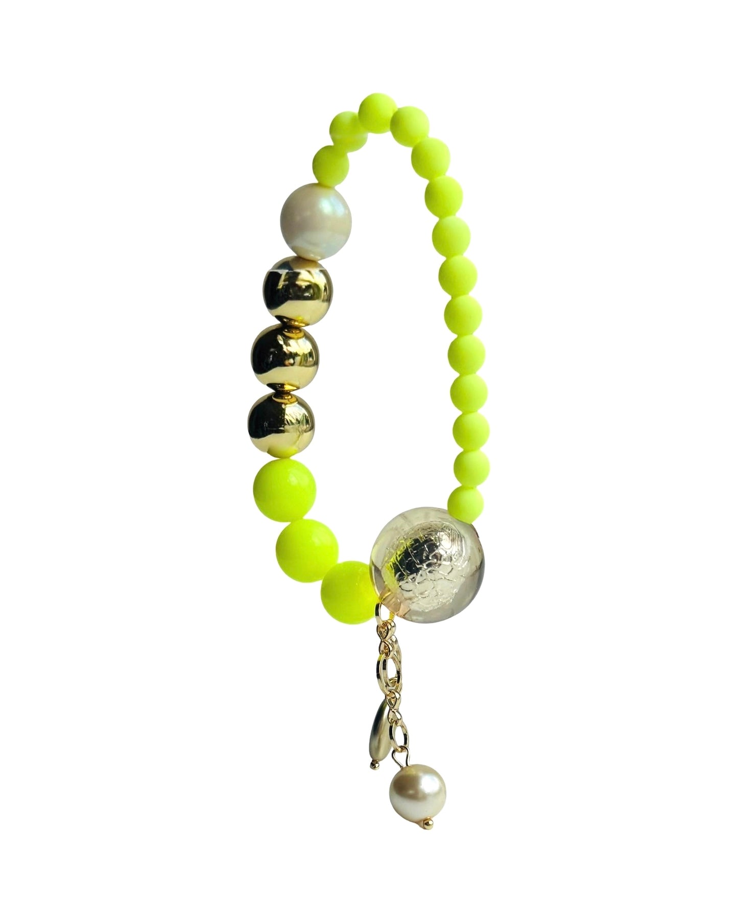 Neona lemon twist, crystal, gold, pearl bracelet, drop charms