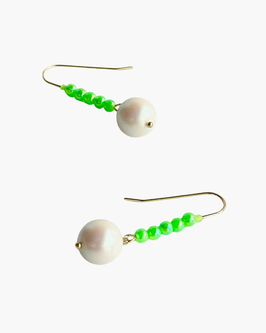 Pearl + neon green drop earrings