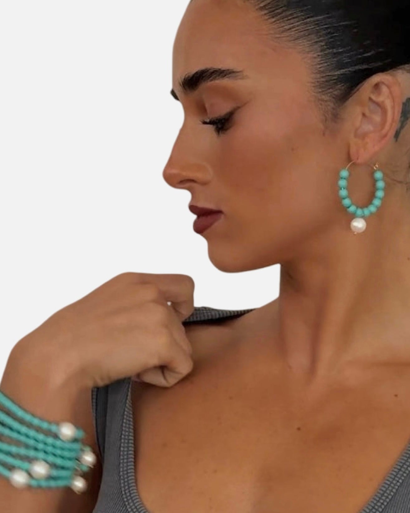 Candy Land turquoise Crystal pearl hoop earrings
