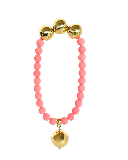 Betty boo peachy pink Matt crystal pearl, gold, drop charm bracelet