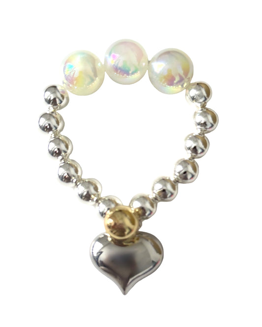 Sweetheart silver beaded bracelet, love heart + ball charms