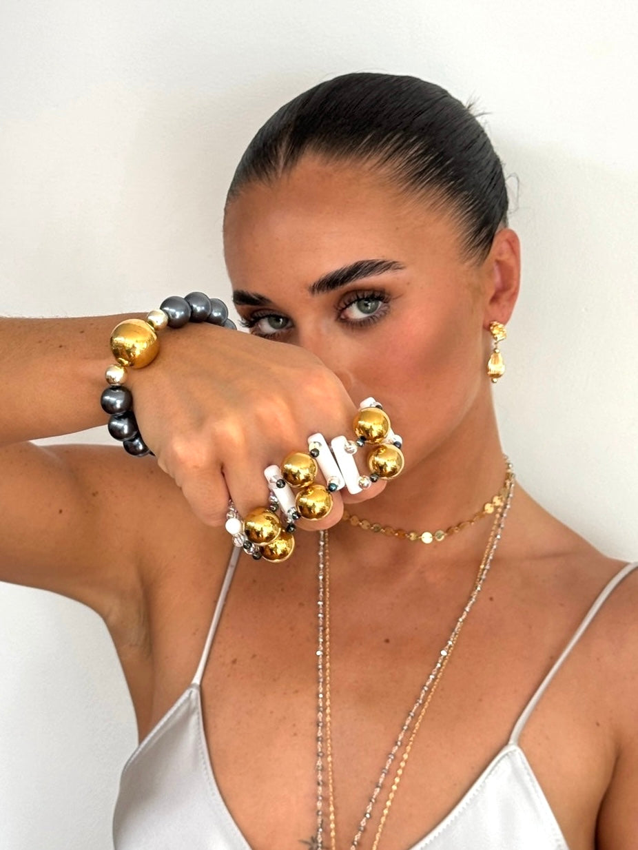 Vintage moonbeam gold double bead + white crystal ring
