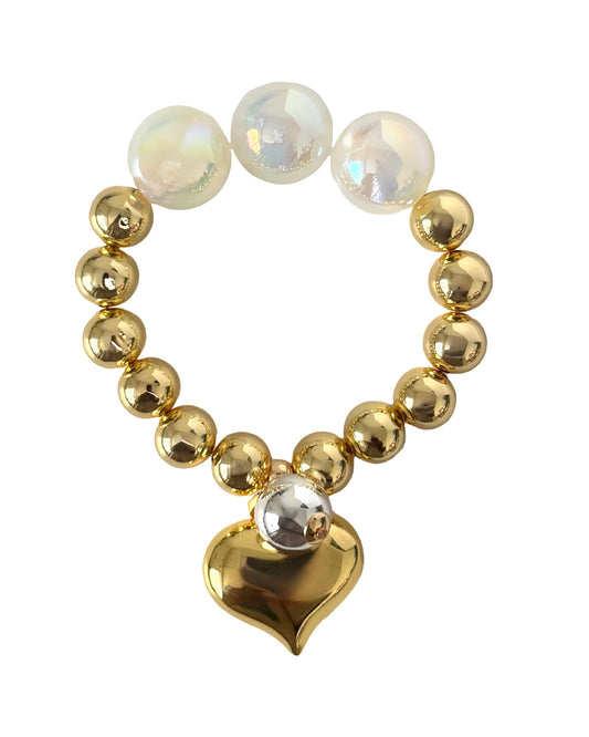 Sweetheart gold beaded bracelet drop heart + ball charms