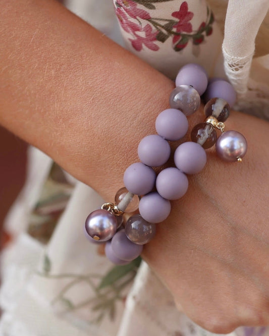 Mauve crumpet beaded bracelet, crystal pearl drop