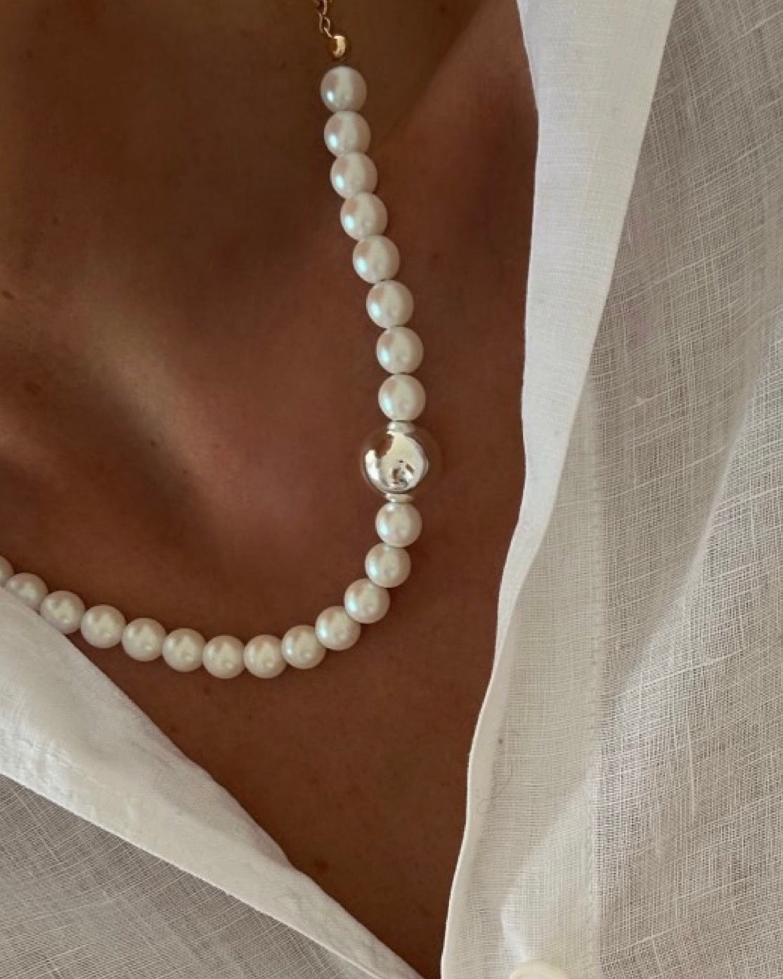 Gianna | Crystal Pearl, Silver Ball & Gold Chain Necklace