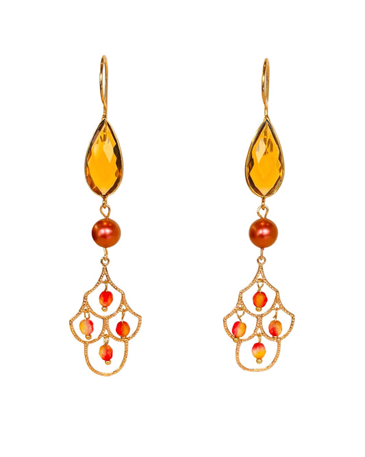 Bombay drop semi precious gem earrings in burnished orange