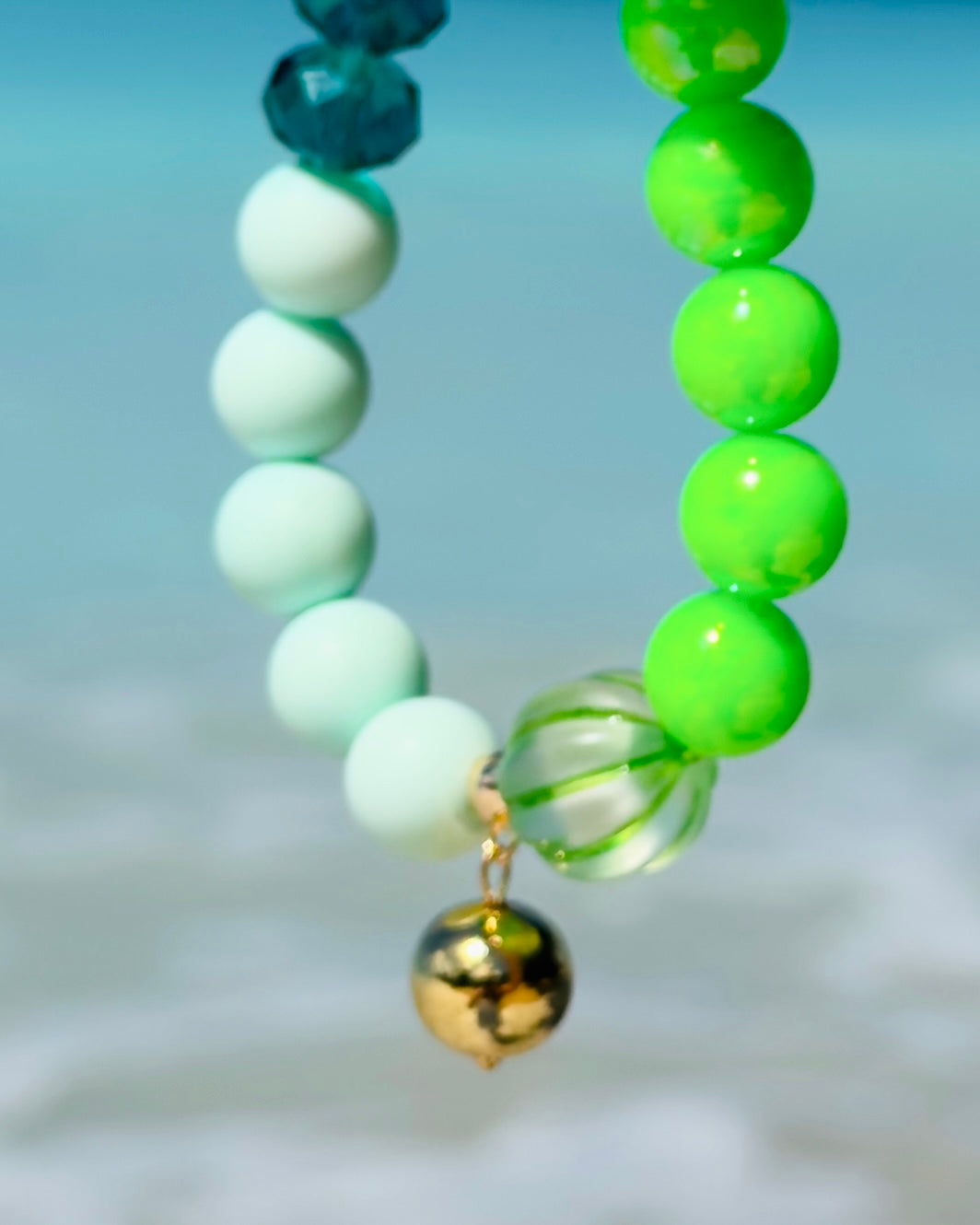 Key lime pie faded mint, green + lime beaded bracelet, gold charm