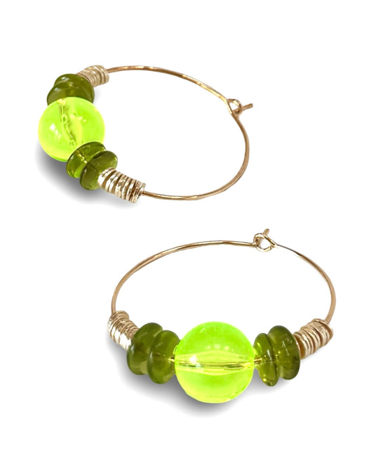 Fern soft neon lime crystal, gold hoop earrings